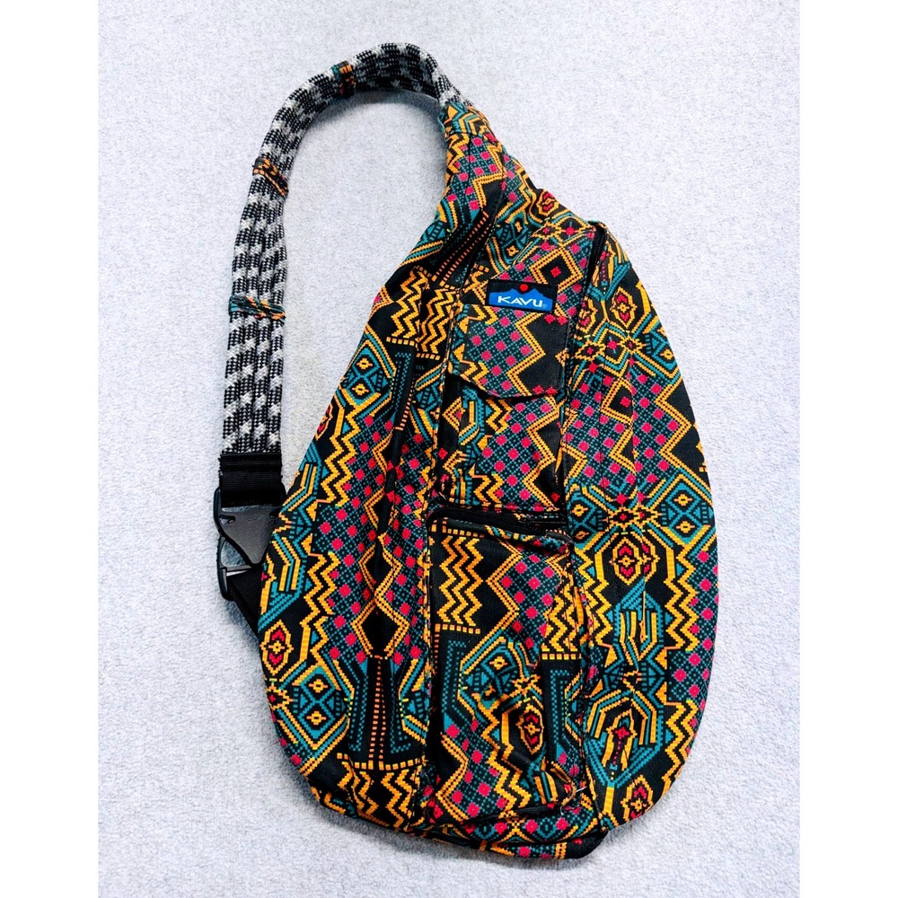 KAVU Rope Bag Black Teal Orange Geometric Cotton Sling Backpack Crossbody Boho